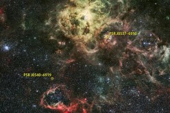 NASA's Fermi Gamma-ray Space Telescope has detected the first extragalactic gamma-ray pulsar, PSR J0540-6919, near the Tarantula Nebula (top center) star-forming region in the Large Magellanic Cloud, a satellite galaxy that orbits our own Milky Way. 