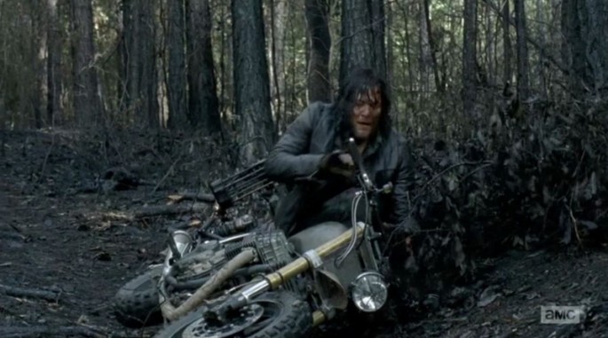 Daryl Dixon falls off his bike in The Walking Dead