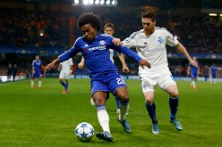 Chelsea winger Willian (L) competes for the ball against Dynamo Kyiv's Vitorino Antunes during their recent Champions League match in London.