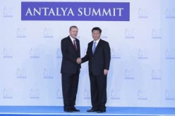 President Xi Jinping is welcomed by Turkey President Recep Tayyip Erdoğan during the G20 Summit in Antalya, southwest Turkey.