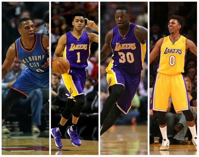 Lakers Trade Rumors (from L to R): Russell Westbrook, D'Angelo Russell, Julius Randle, and Nick Young.