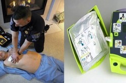 (L) A police officer uses an AED and performs CPR on a motionless man. (R) An AED with illustrated usage instructions.