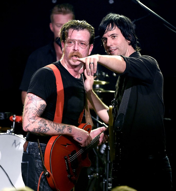Jesse Hughes and Josh Homme of American rock band Eagles of Death Metal are performing at a 2015 Los Angeles music concert 