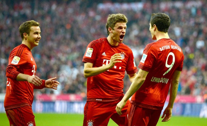 Bayern Munich players (from L to R): Mario Gotze, Thomas Müller, and Robert Lewandowski.