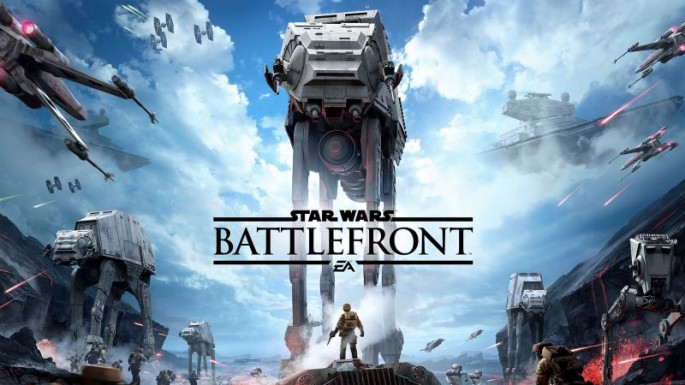 "Star Wars: Battlefront" poster showing several AT-ATs along with X-Wings and TIE Fighters dueling.