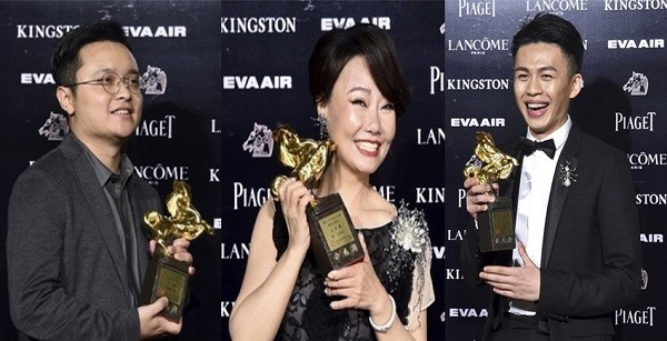 (L-R) Bi Gan (Best New Director, “Kaili Blues”), Lu Xue-feng (Best Supporting Actress, “Thanatos, Drunk”) and Lee Hong-chi (Best New Performer, “Thanatos, Drunk”) holding their respective awards.