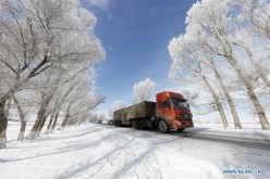 Vehicles run on snow-covered road at northwest China's Xinjiang Uyghur Autonomous Region in this Nov. 22, 2015 photo.