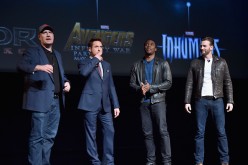 President of Marvel Studios Kevin Feige and actors Robert Downey Jr., Chadwick Boseman and Chris Evans onstage during Marvel Studios fan event at The El Capitan Theatre on October 28, 2014 in Los Angeles, California.
