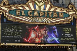 The marquee of the El Capitain theatre promotes the soon-to-be-released 'Star Wars: The Force Awakens' November 12, 2015, in Hollywood, California. 'Star Wars: The Force Awakens' is scheduled to premiere in Los Angeles on December 14, 2015.