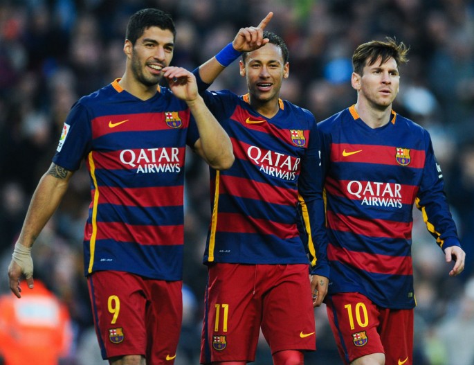 Barcelona's Big Three of (from L to R) Luis Suárez, Neymar, and Lionel Messi.