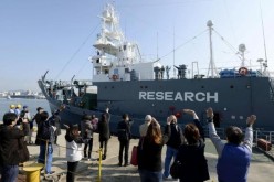 Families of crew members wave as Japanese whaling vessel Yushin Maru leaves for the Antarctic Ocean at a port in Shimonoseki.