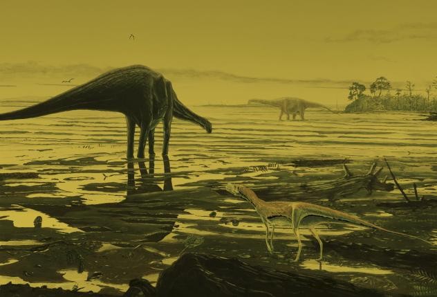 An artist's impression of Sauropod dinosaurs on the Isle of Skye in this undated handout photo provided by the University of Edinburgh.