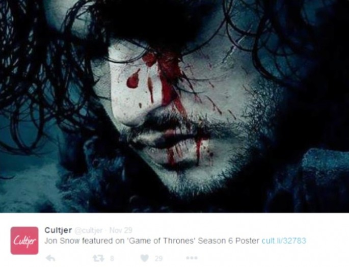 "Game of Throne" Season 6 promotional poster shows a bloody but alive Jon Snow.