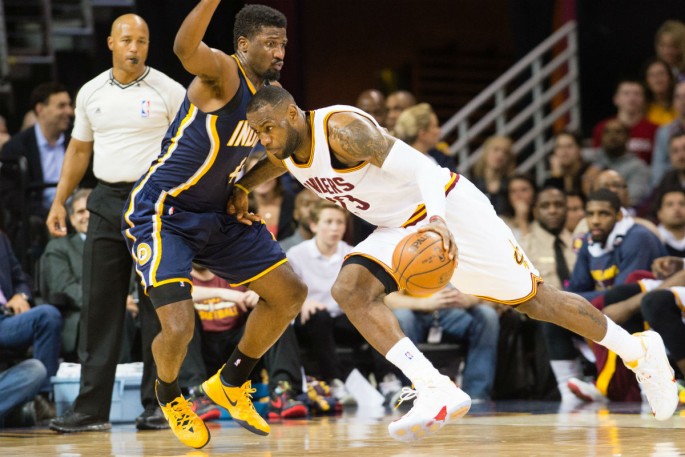 Indiana Pacers small forward Solomon Hill (L) defends against Cleveland Cavaliers' LeBron James during a regular season game in March.