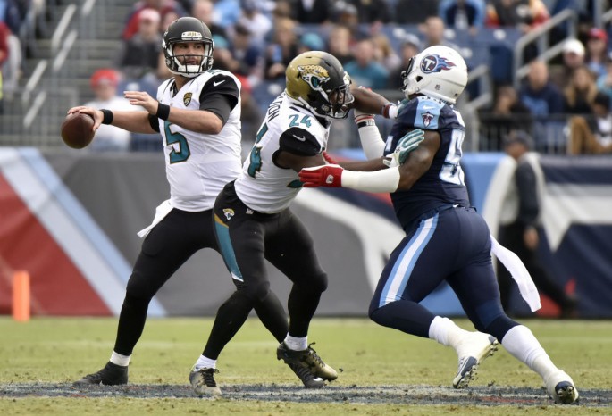 Jacksonville Jaguars quarterback Blake Bortles (#5) drops back as he passes against the Tennessee Titans.