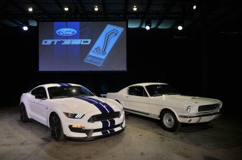 Two GT350s at the unveil of the 2016 Ford Shelby GT350.