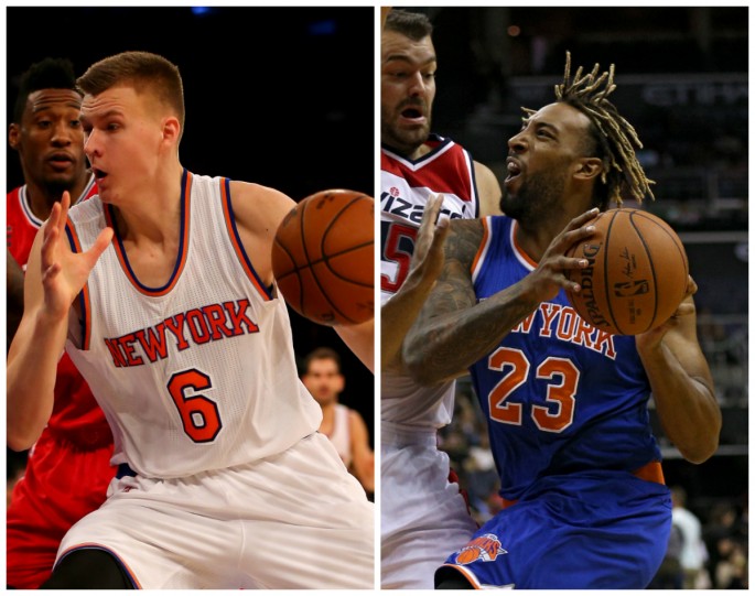 New York Knicks big men Kristaps Porzingis (L) and Derrick Williams.
