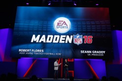 ESPN journalist Robert Flores (L) and Senior Producer Seann Graddy (R) introduce 'Madden NFL 16' during the Electronic Arts E3 press conference at the LA Sports Arena on June 15, 2015 in Los Angeles, California. 