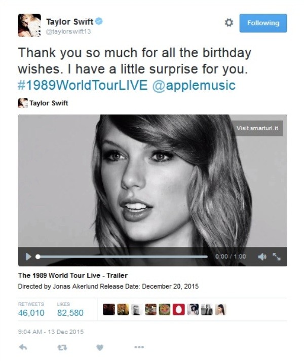 Taylor Swift informs fans on Twitter her "1989 World Tour" will be streaming for free on Apple Music by Dec. 20.