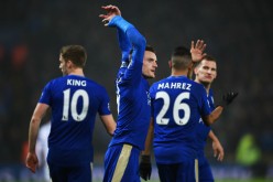 Leicester City striker Jamie Vardy (C) and winger Riyad Mahrez (#26) scored the goals for the Foxes in their 2-1 win over Chelsea.