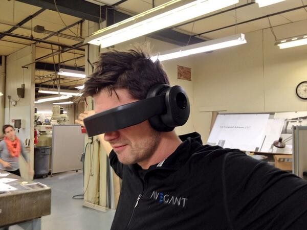 An Avegant engineer testing the Glyph video headset.
