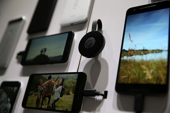 The new Google Chromecast is displayed next to Nexus phones during a Google media event on September 29, 2015 in San Francisco, California.