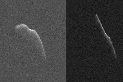 These images of an asteroid 3,600 feet (1,100 meters) long were taken on Dec. 17 (left) and Dec. 22 by scientists using NASA's giant Deep Space Network antenna at Goldstone, California. This asteroid will safely fly past Earth on Dec. 24, at a distance of