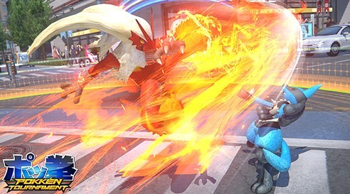 Blaziken attacks Lucario with Blaze Kick.