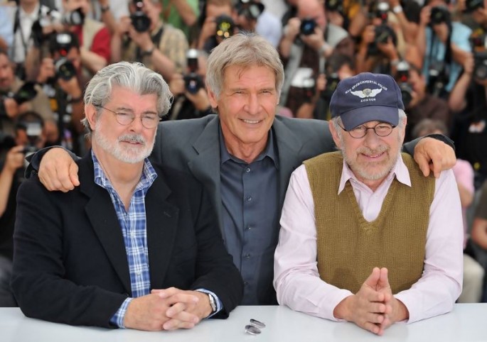 George Lucas, Steven Speilberg, and Han Solo (Harrison Ford) hanging out at a "Star Wars" convention and having a merry good time.