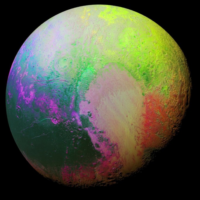 A false color image of the planet Pluto uses a technique called principal component analysis to highlight the color differences between Pluto's distinct regions.