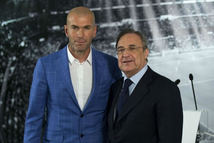 Real Madrid president Florentino Perez (R) presents Zinedine Zidane as new Real Madrid manager.