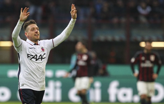 Bologna winger Emanuele Giaccherini scores the lone goal against AC Milan.
