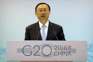 Chinese State Councilor Yang Jiechi speaks at the 2016 First G20 Sherpa Meeting in Beijing on Jan. 14, 2016, as part of preparations for the G20 summit to be held in Hangzhou in September.