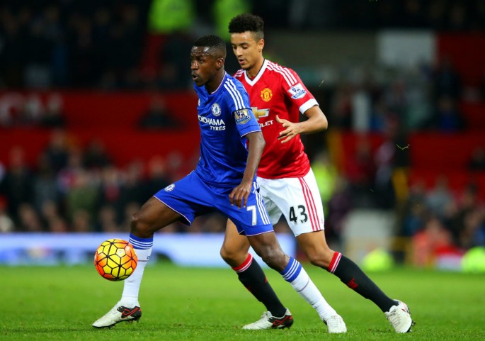 Chelsea midfielder Ramires (L) competes for the ball against Manchester United's Cameron Borthwick-Jackson.
