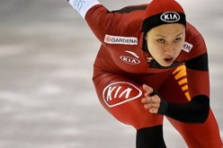Hong Zhang of China competes in the Women's 1,000m race on day three of the ISU World Cup Speed Skating Salt Lake City Event at the Utah Olympic Oval in Kearns, Utah, on Nov. 22, 2015. 