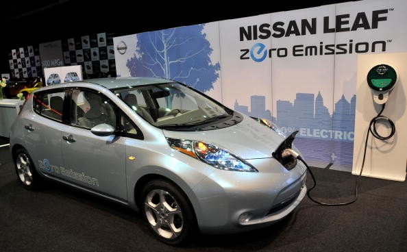 A prototype of the Nissan Leaf electric car is on display at the North American International Auto Show in Detroit, Michigan, on Jan. 12, 2010. 