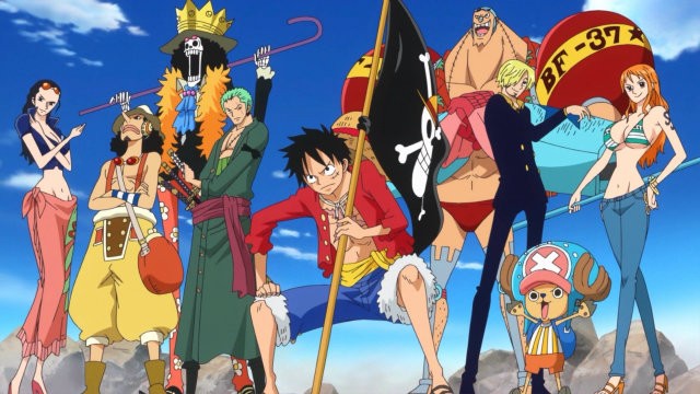 Luffy, together with his crew, is holding his Jolly Roger.