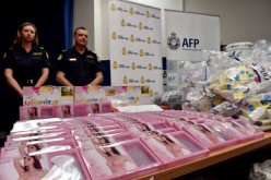 Australian police display silicone bra inserts and art supplies containing liquid meth in Sydney, Australia.