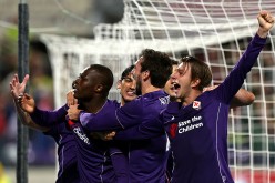 Fiorentina players celebrate striker Khouma Babacar's goal against Inter Milan.