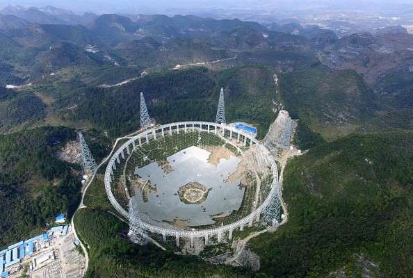 Aerial view of the Five Hundred-Meter Aperture Spherical Telescope under construction in Guizhou Province, China.