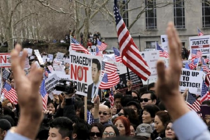 Thousands joined the protest in New York to show their support for Peter Liang.