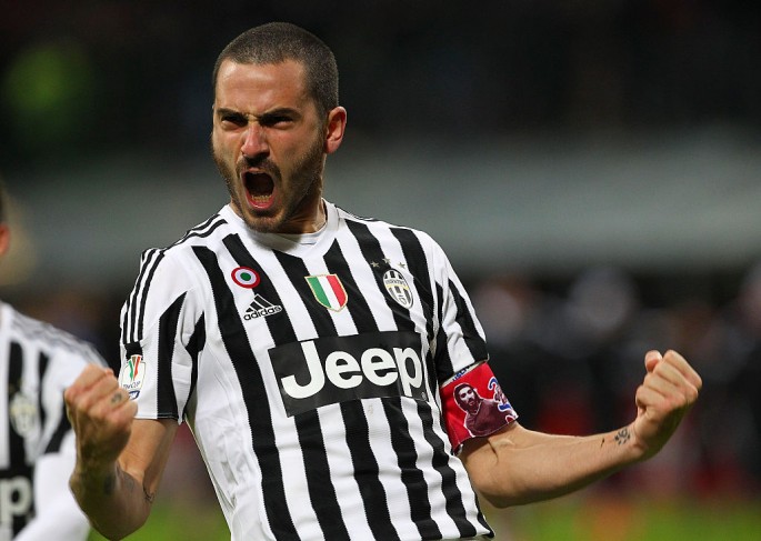 Juventus defender Leonardo Bonucci scores the opening goal against Inter Milan.