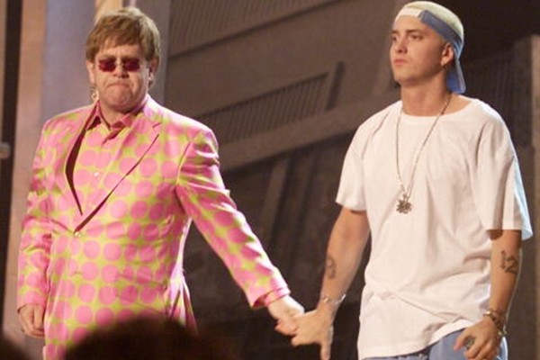 Elton John and Eminem perform 'Stan' at the 43rd Annual Grammy Awards at Staples Center, Los Angeles, California on Feb. 21, 2001. 