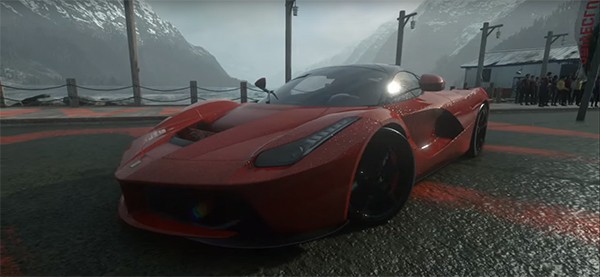 A Ferrari car in the video game "DriveClub" is being prepared before a race.