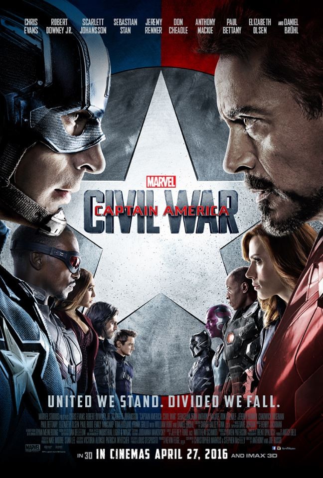 Captain America: Civil War is the third installment of the Captain America films directed by Joe and Anthony Russo, staring  Chris Evans, Robert Downey Jr., Scarlett Johansson and Sebastian Stan.