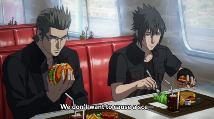 Noctis and Ignis eating at a diner in the pilot episode of "Brotherhood"