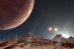 The artist's animation shows the view from a hypothetical moon in orbit around the first known planet, HD 188753 Ab, to reside in a classic triple-star system.