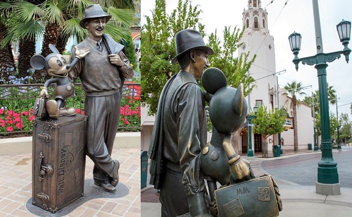 “Storytellers,” the statue of Walter Elias “Walt” Disney, the co-founder of The Walt Disney Company, together with the iconic character Mickey Mouse, stands at Disney California Adventure.