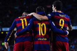 Barcelona Big Three of (from L to R) Neymar, Lionel Messi, and Luis Suárez.