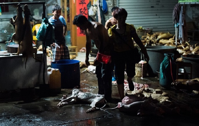 Here, there and everywhere: Bodies of dead dogs lie on the ground, hanged on a stall and piled up on one side in a market in Yulin.